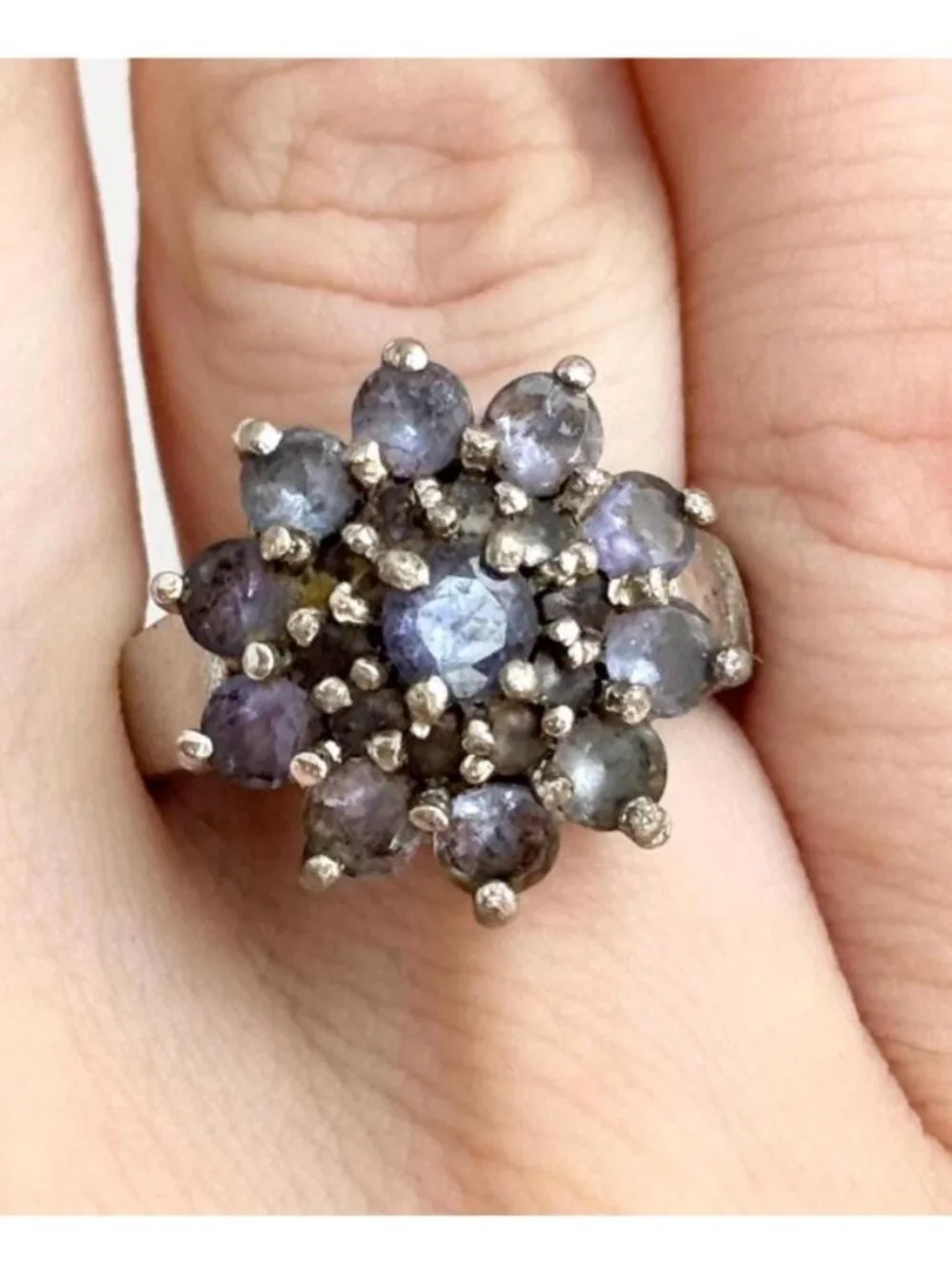Tanzanite Cluster Gemstone Tapered Shank Sterling Silver 925 Vintage Ring - sz 7
